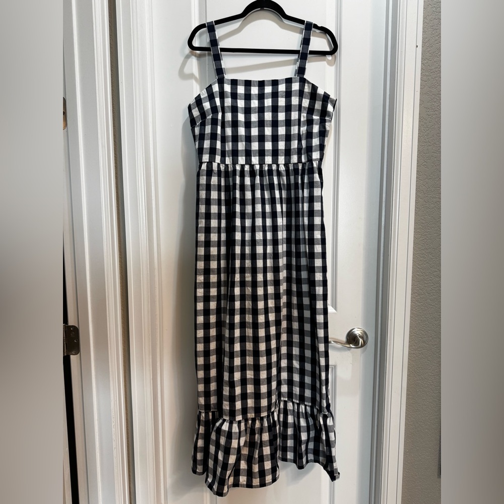 J Crew Blue/White Gingham Dress Large Elastic Back Panel Strap Side Zip Tiered